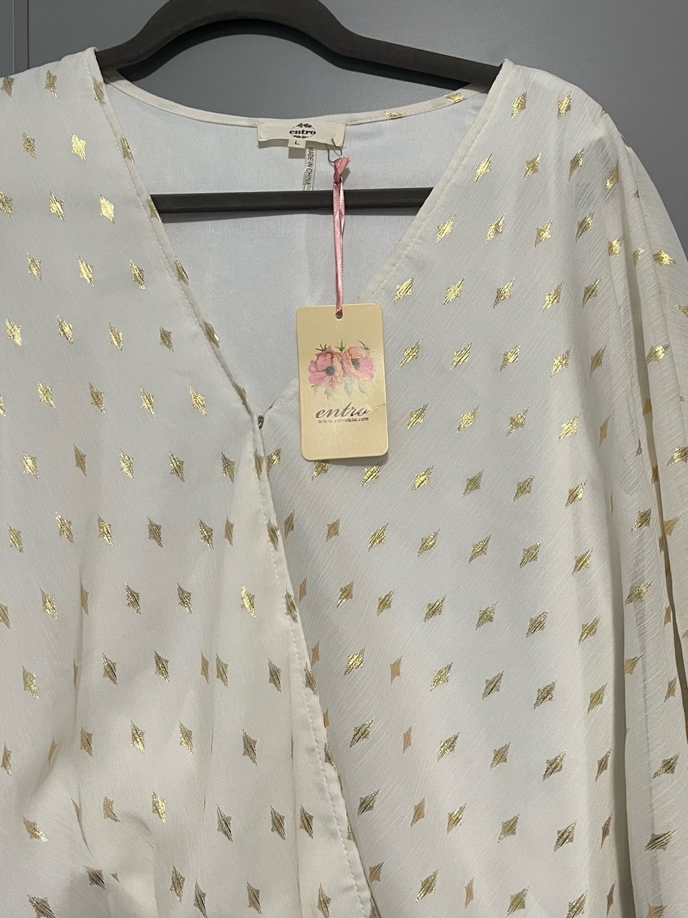 entro Cream V-Neck Blouse with Gold Diamond Foil Print